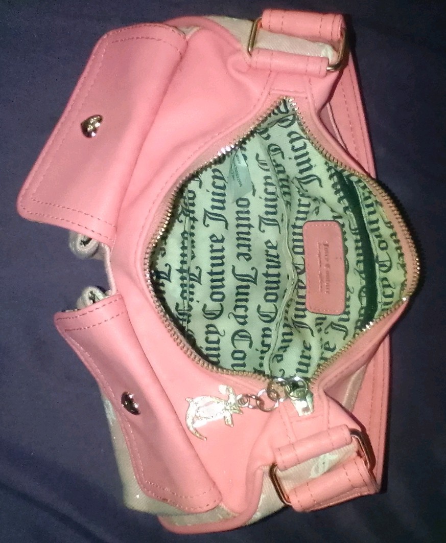 Juicy Couture Pink Small Satchel Top Handle Zip Logo Heart Charm Inner Pockets