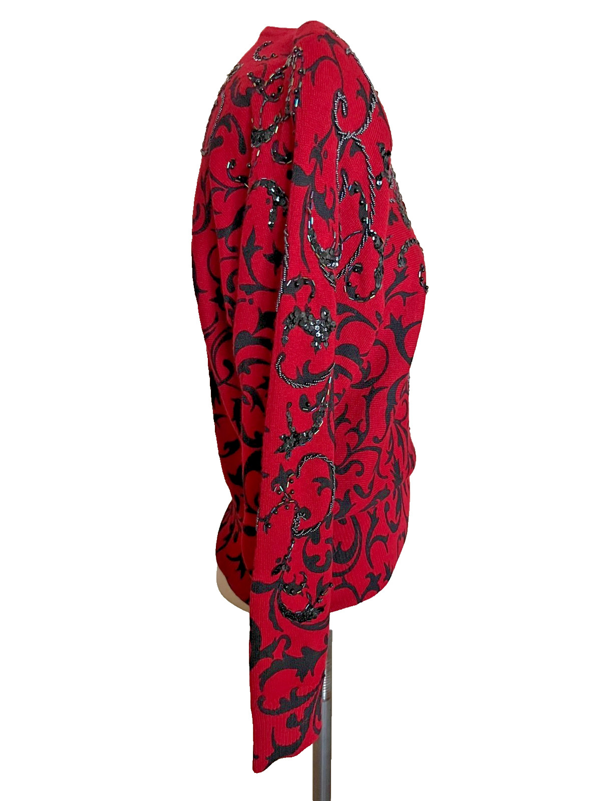 Cache Sweater Top Red Black Sequin Beaded Size Small Angora Wool Holiday Vintage