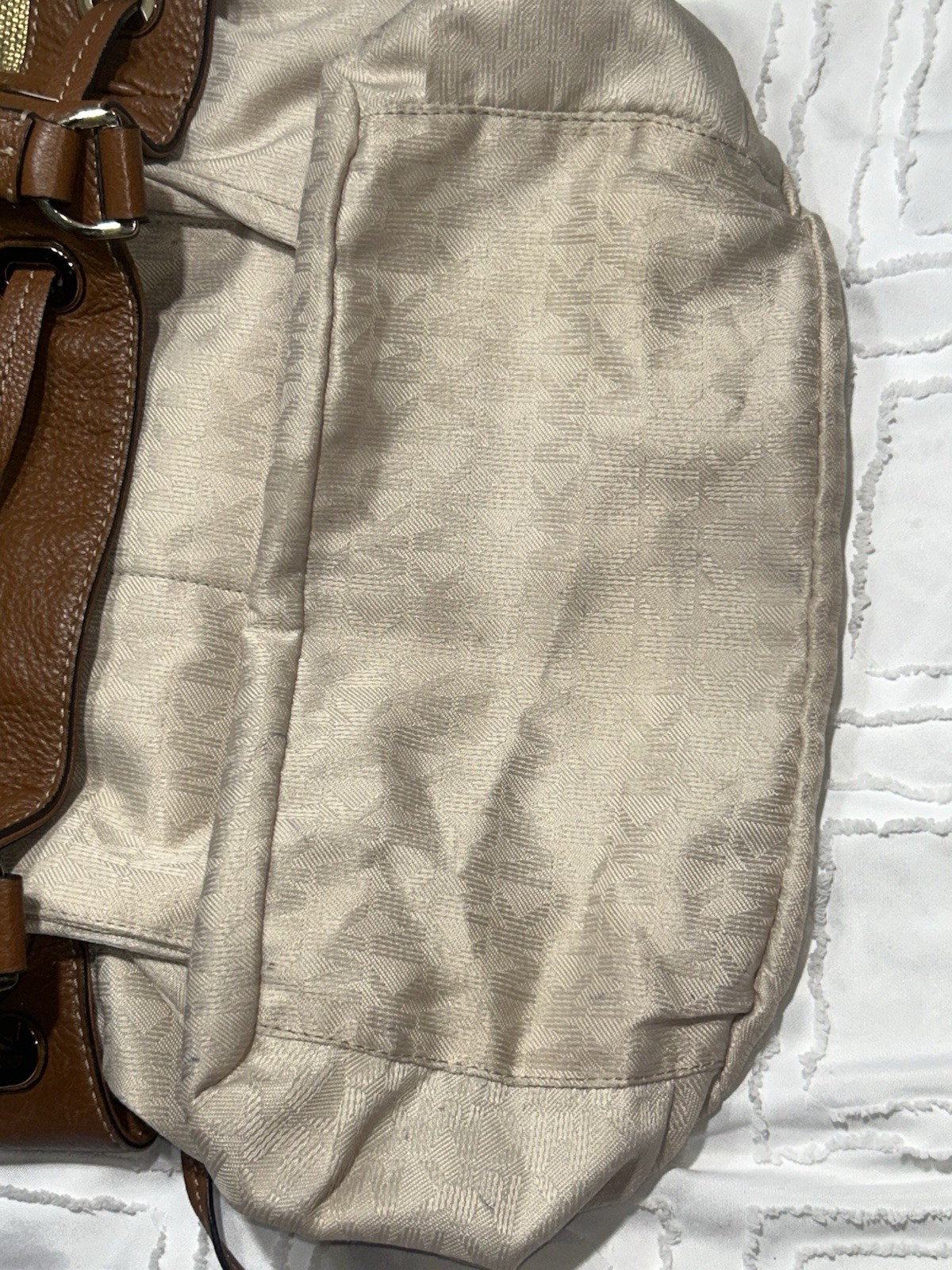 Michael Kors Marina Large Canvas Drawstring Tote Bag Gold Metallic Brown Leather