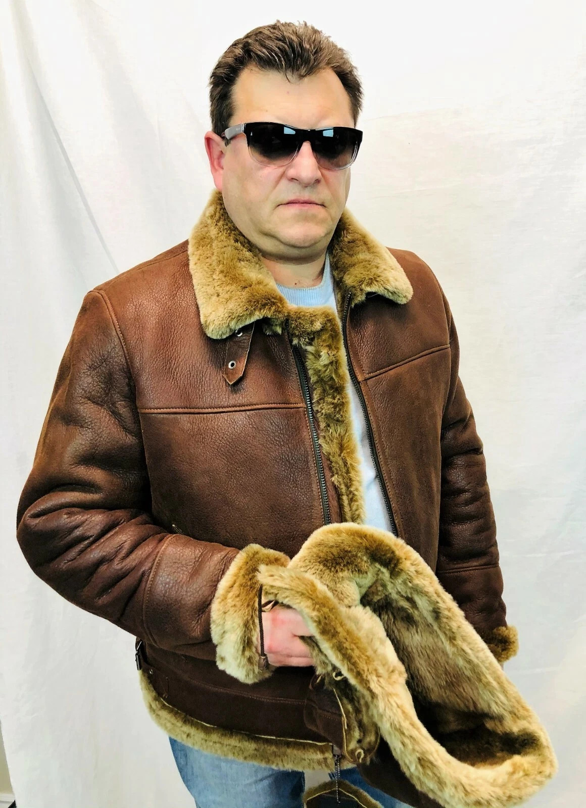 Men’s Genuine Whiskey Sheepskin Shearling Leather Bomber B3 Pilot Coat Jacket
