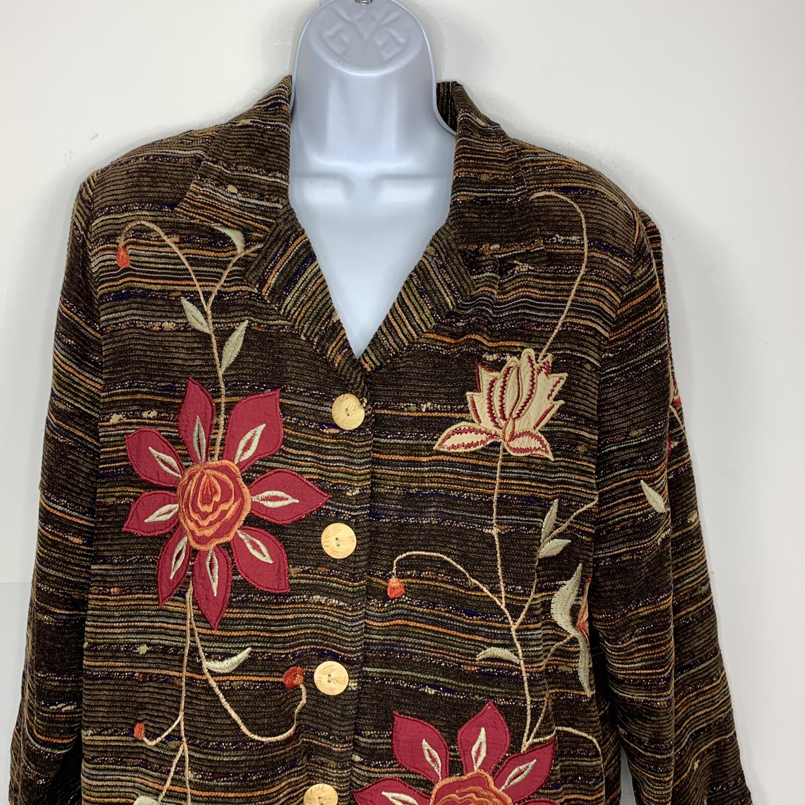 Indigo Moon Brown Floral Jacket Sz M 3/4 Sleeve Button Front Boho VINTAGE JN17