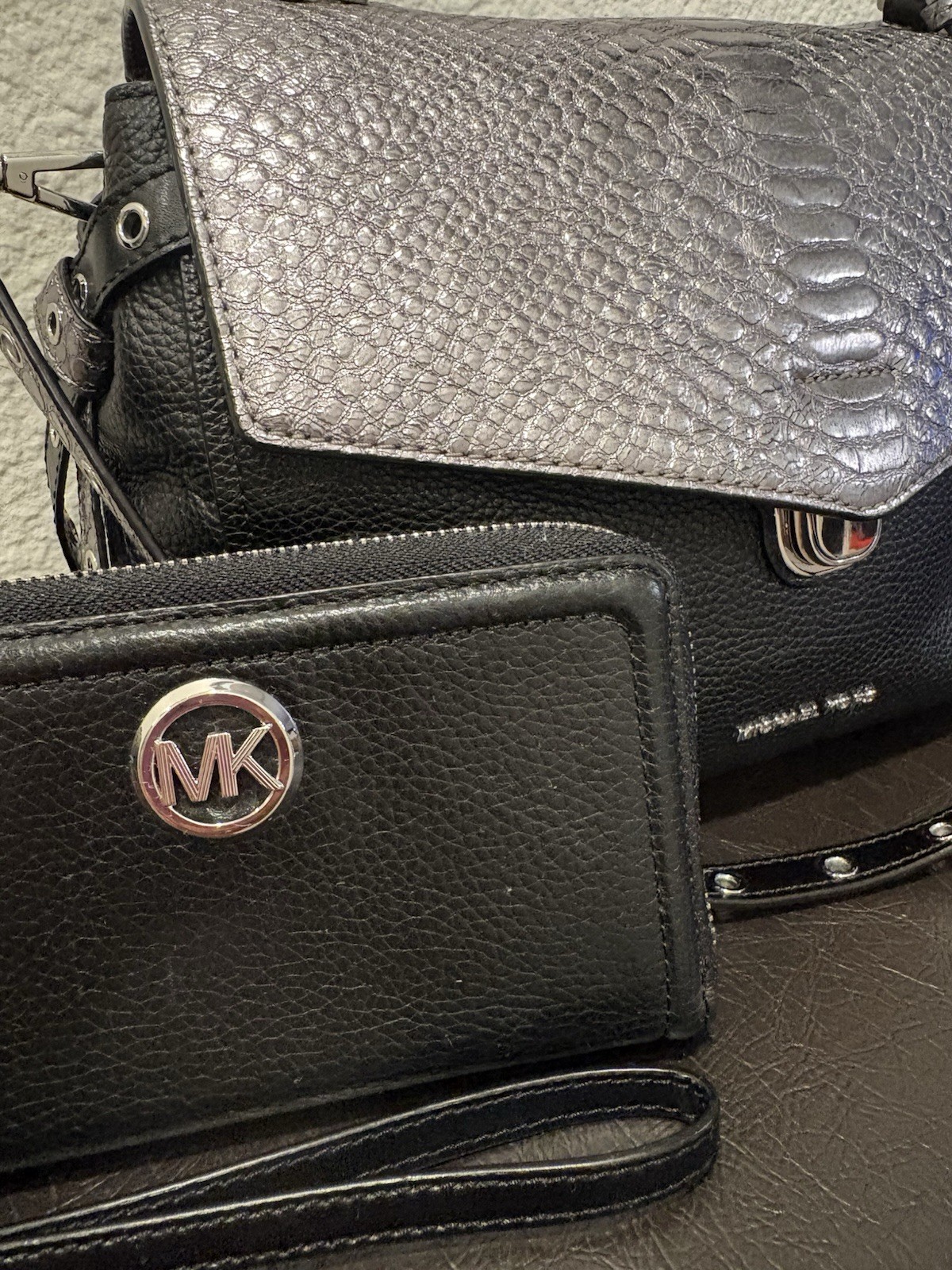 Michael Kors Black Satchel w Snake Print Flap, Silver Hardware & wallet