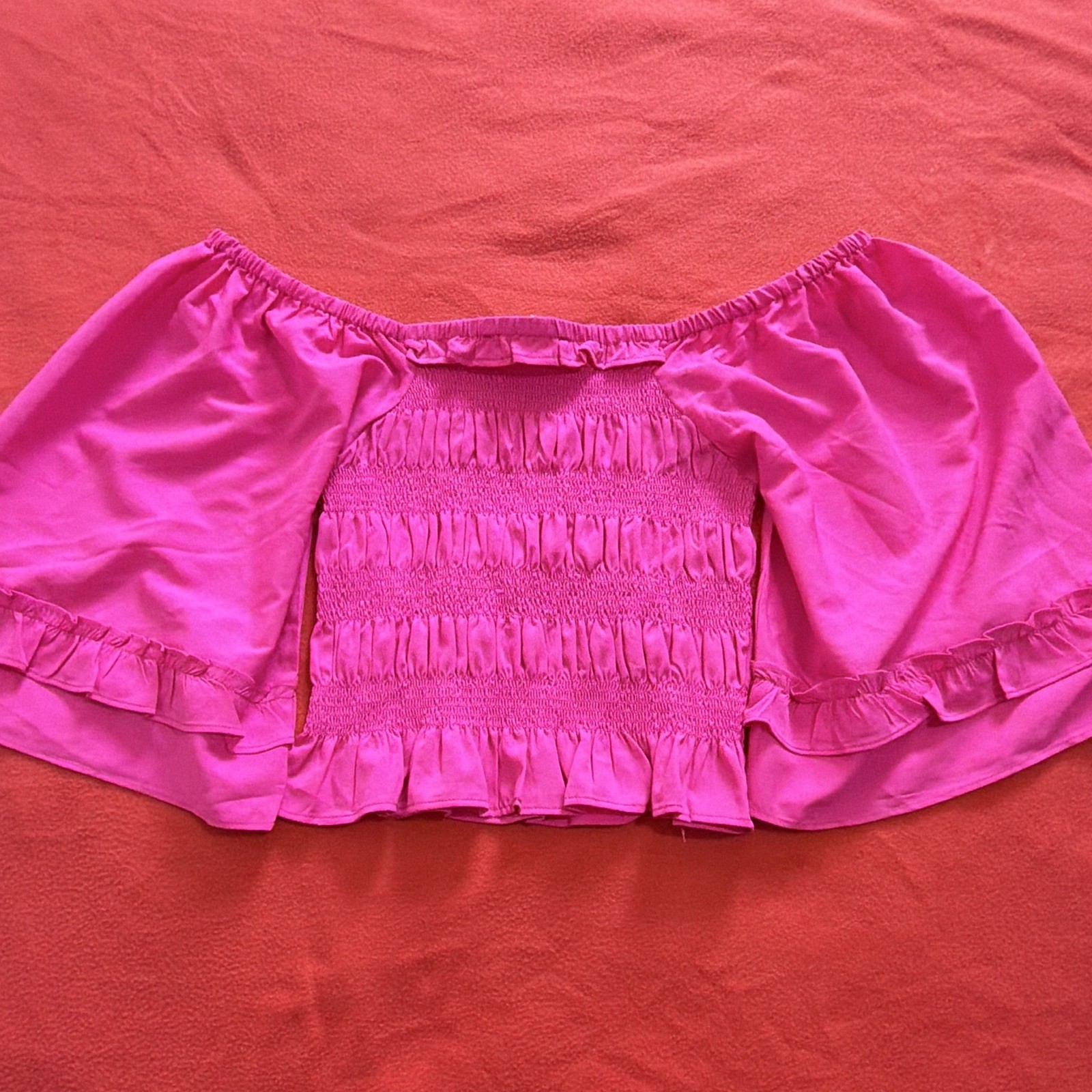 Wishing Waves Pink Solid Off Shoulder Puff Sleeve Smocked Cropped Blouse S