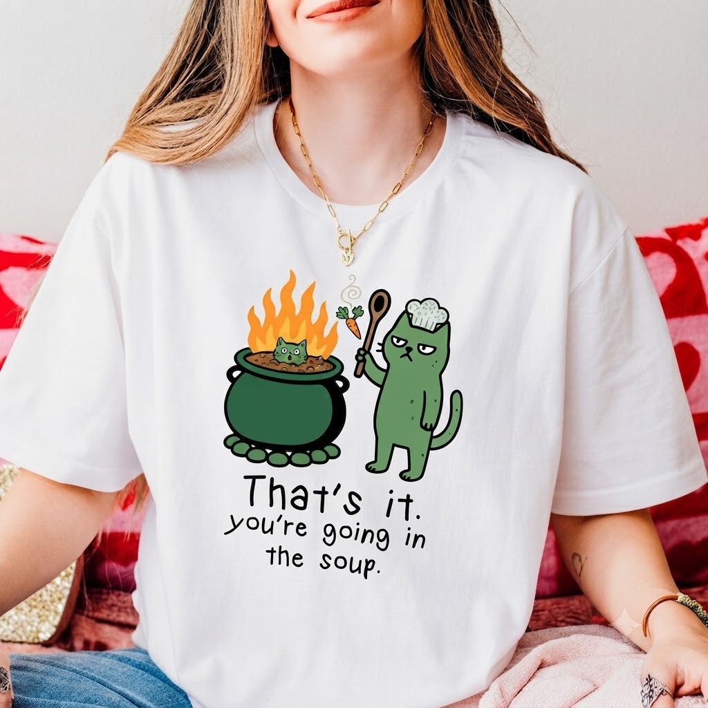 Funny Green Cat Cooking Soup White Tee, Sarcastic Animal Lover Gift For Friends