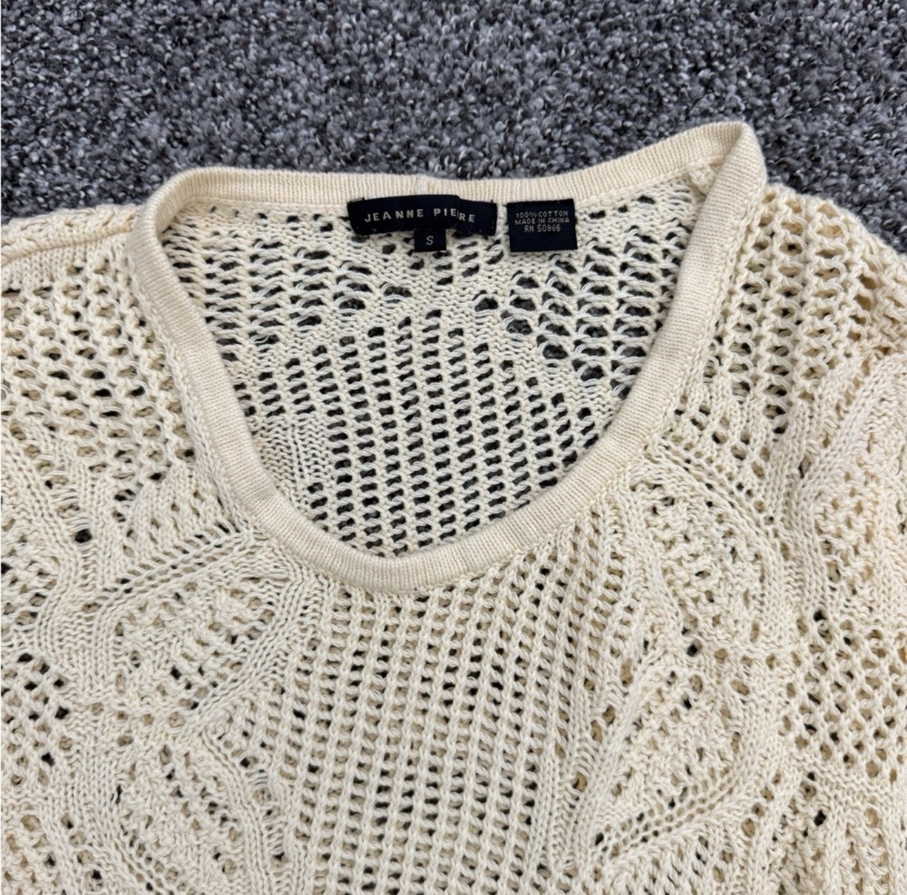 Jeanne Pierre Women’s Beige Solid Open-Knit Scoop Neck Long Sleeve Pullover S