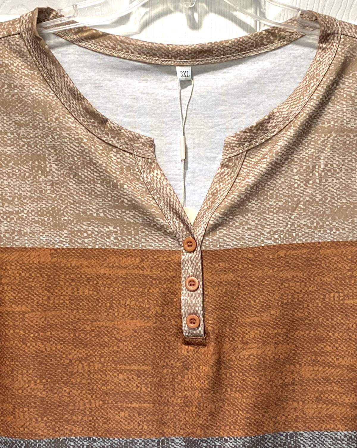 Pullover Top Beige Brown Orange Stripe Long Sleeve V-Neck Slinky Size 3XL NEW