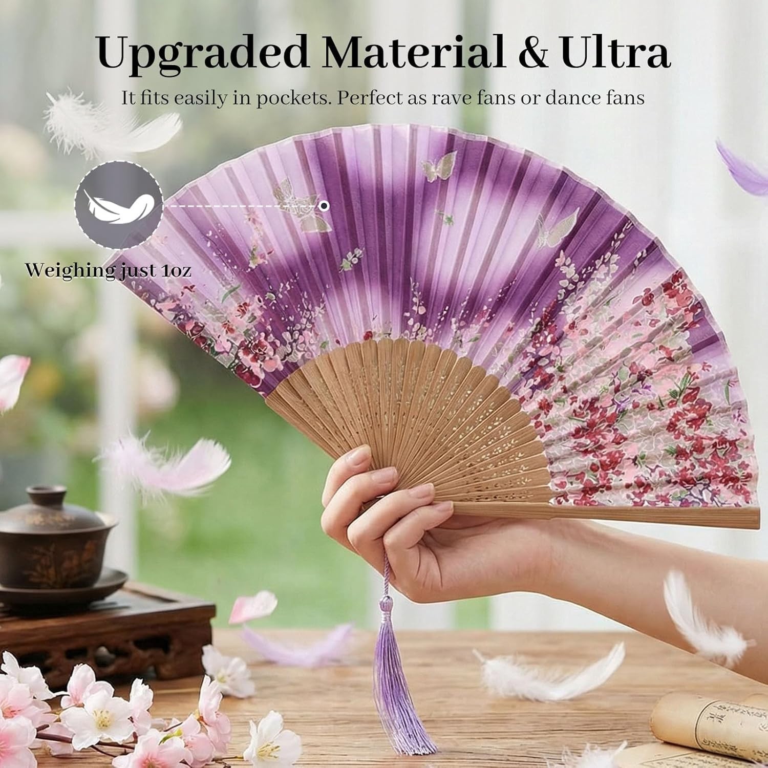 4Pcs Abanicos Tela Flores Plegables con Borlas Boda Elegante Invitados Chino