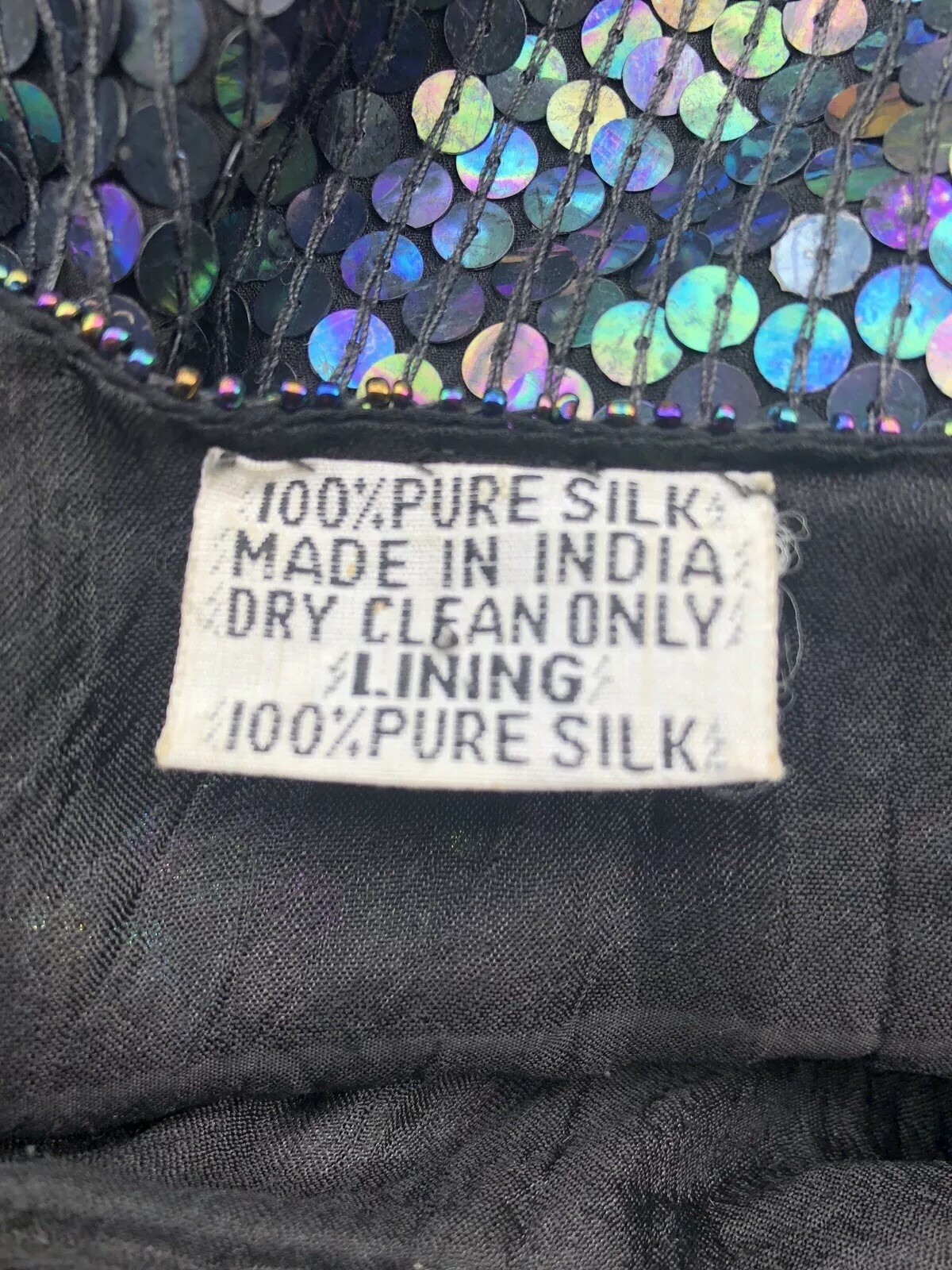 Iridescent Beaded Blouse XL 100% Silk Short Sleeve Top Shoulder Pad Lined Sequin