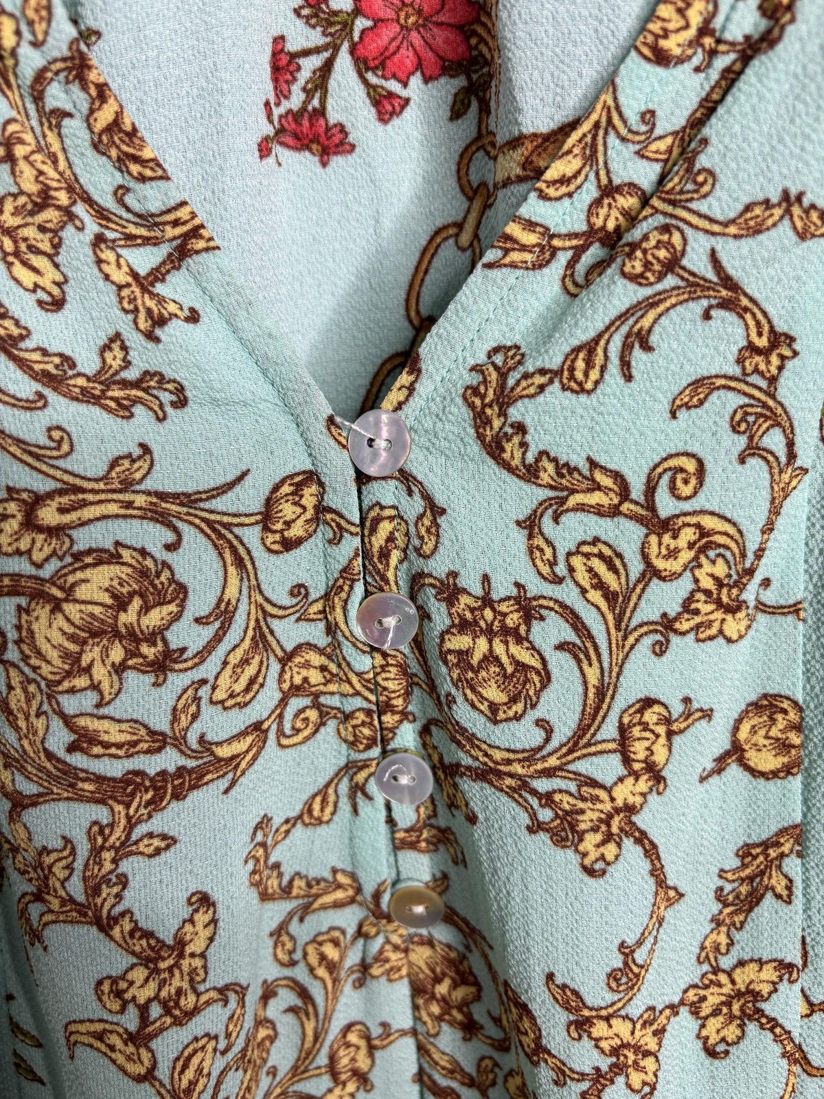Fig and Flower Blouse Womens Medium Blue Floral Chain Print Button Up Boho Top