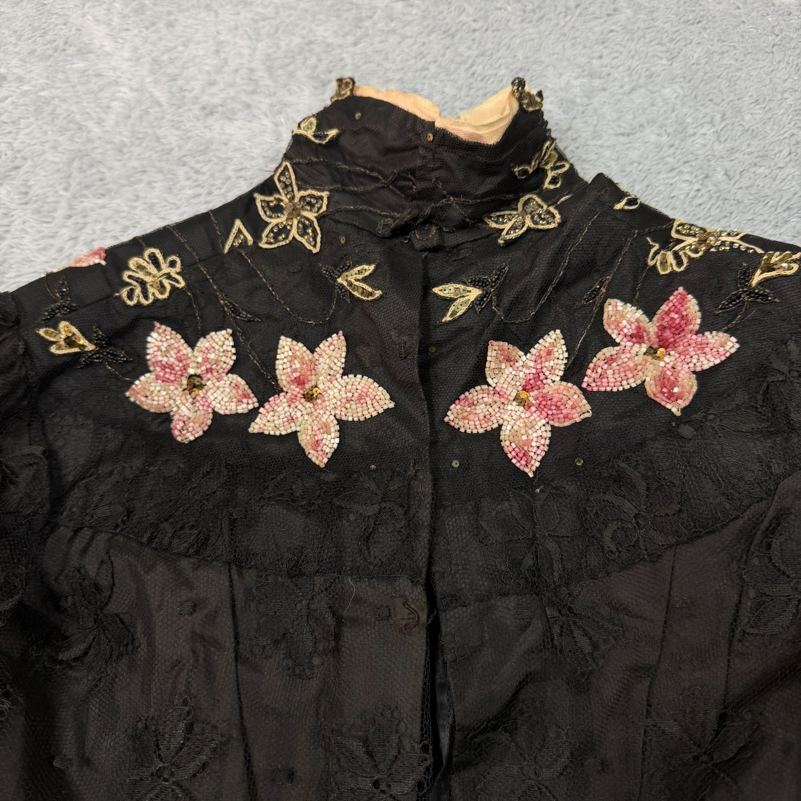 Antique Edwardian Jacket Black Pink Floral Beaded Silk Victorian Early 1900s