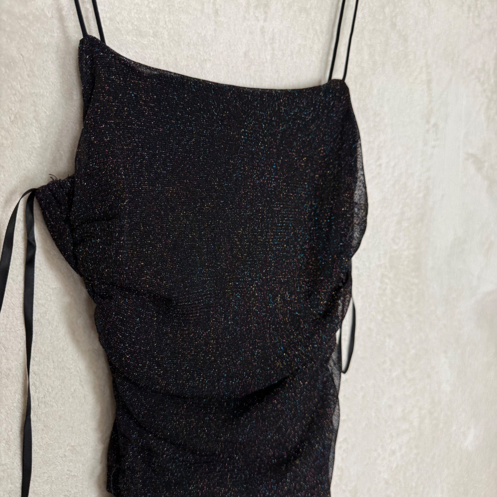 Hello Molly Black Glitter Ruched Back Cutout Mini Dress US 6 Spaghetti Strap