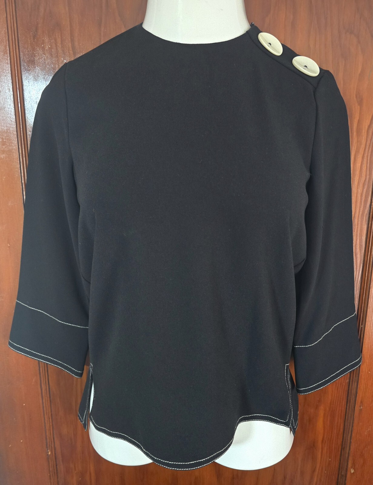 Women’s ZARA Black w White Stitch & Shoulder Buttons Blouse Top XXS NEW w Tags