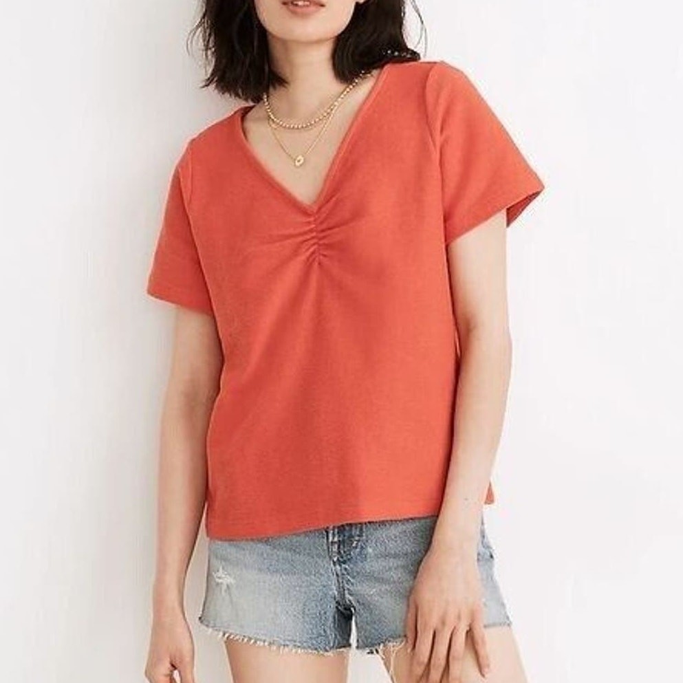 Madewell Size L Ottoman Jacquard Ruched-Front Top Orange
