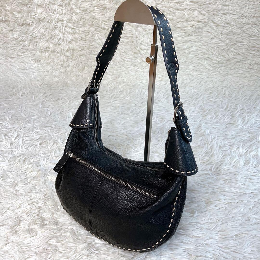 TOD’S Black Leather Half Moon Shoulder Bag White Stitching Y2K Pebbled Logo Auth