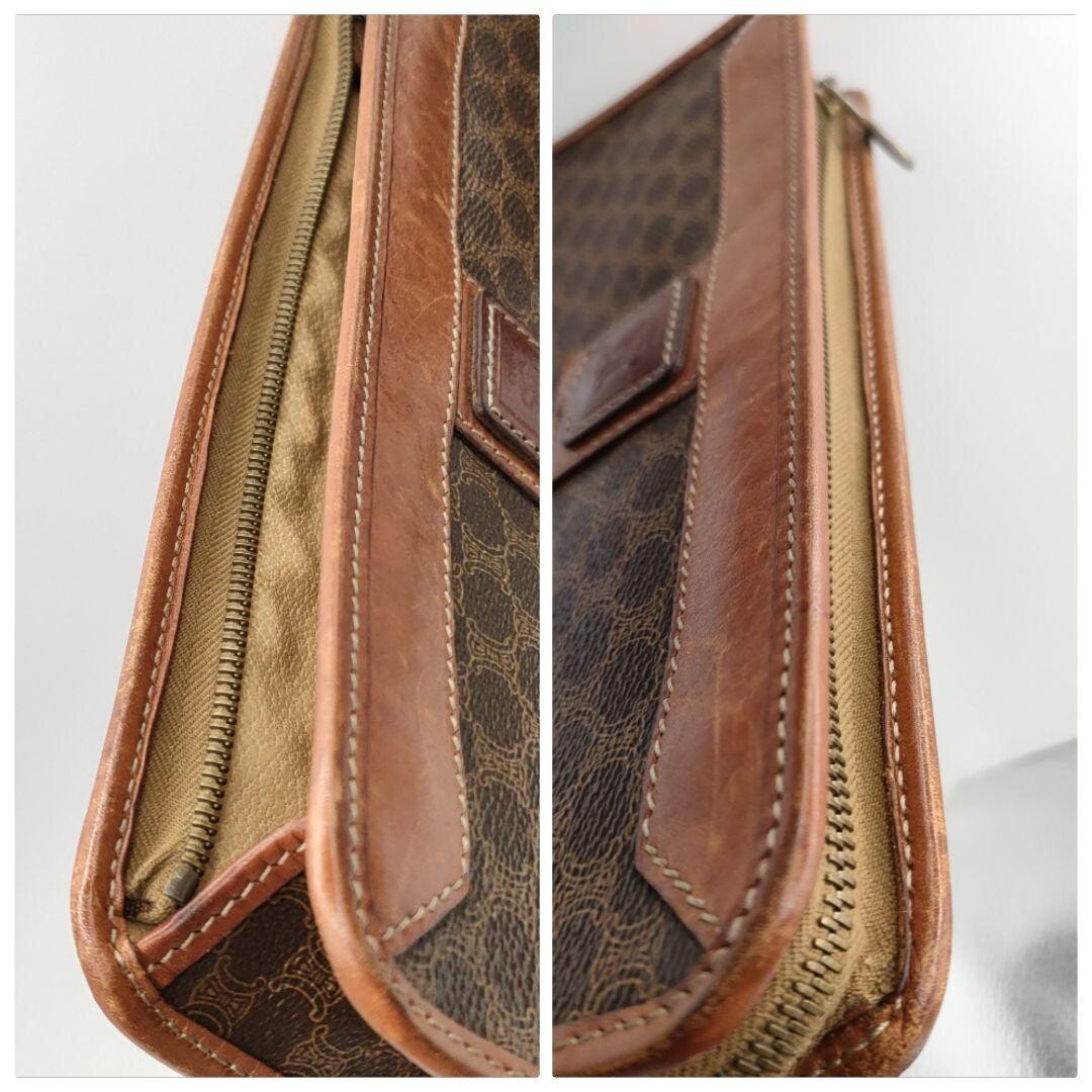 CELINE Macadam Vintage Brown Leather Clutch Bag Unisex Gold Zip From Japan