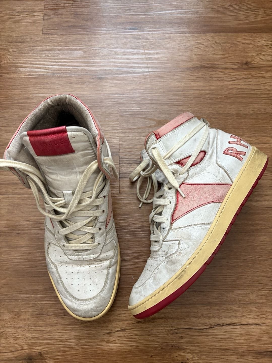 Rhude Rhecess High-Top Sneakers in White and Red