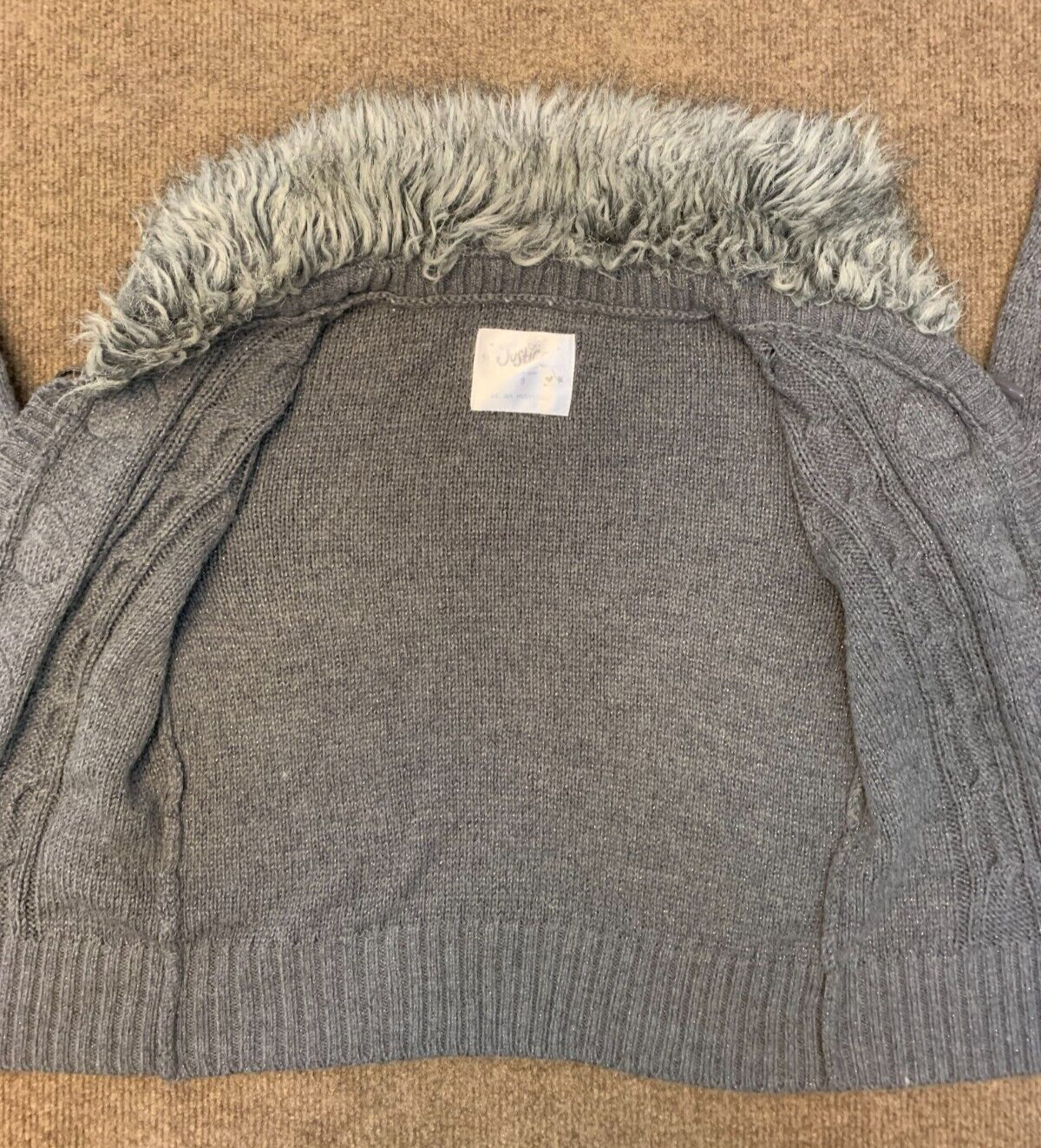 Vintage Justice Sweater Girls 8 Cardigan Fur Collar Cable Knit Toggle Button Y2K