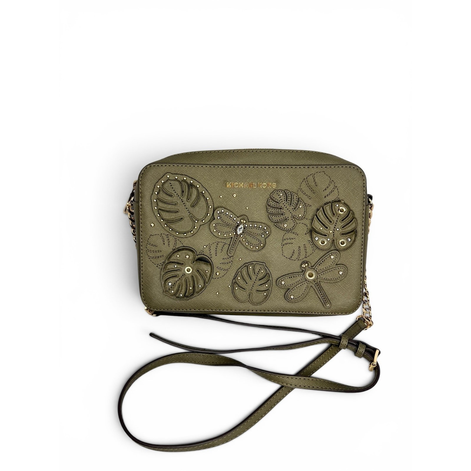Michael Kors Jet Set Olive Saffiano Leather Dragonfly Crossbody Bag EUC