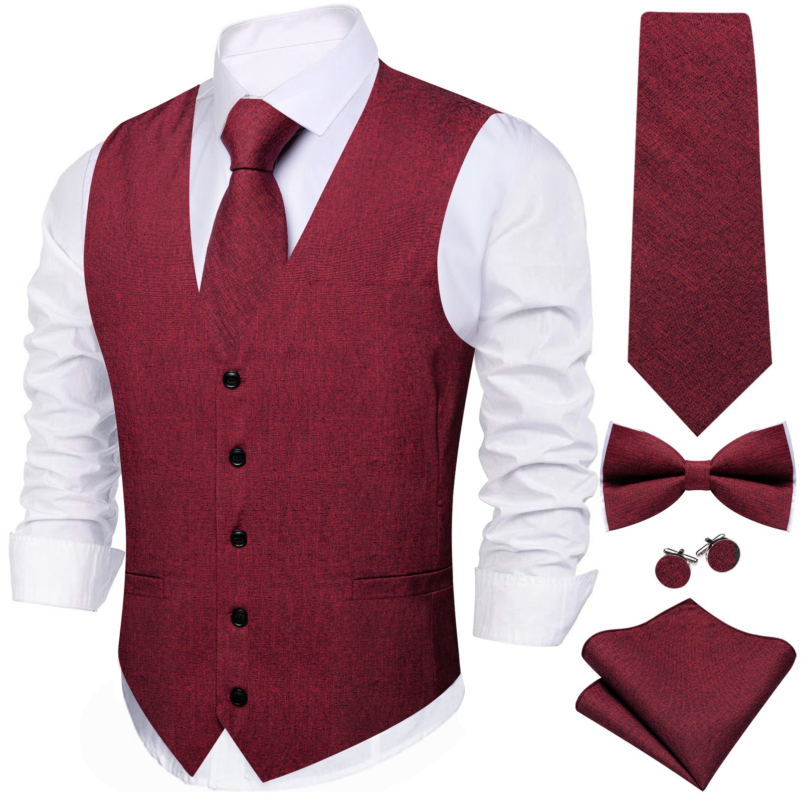 Men’s Dress Vest with Bow Tie or Necktie, Sizes XS-5XL for Wedding Party Groom