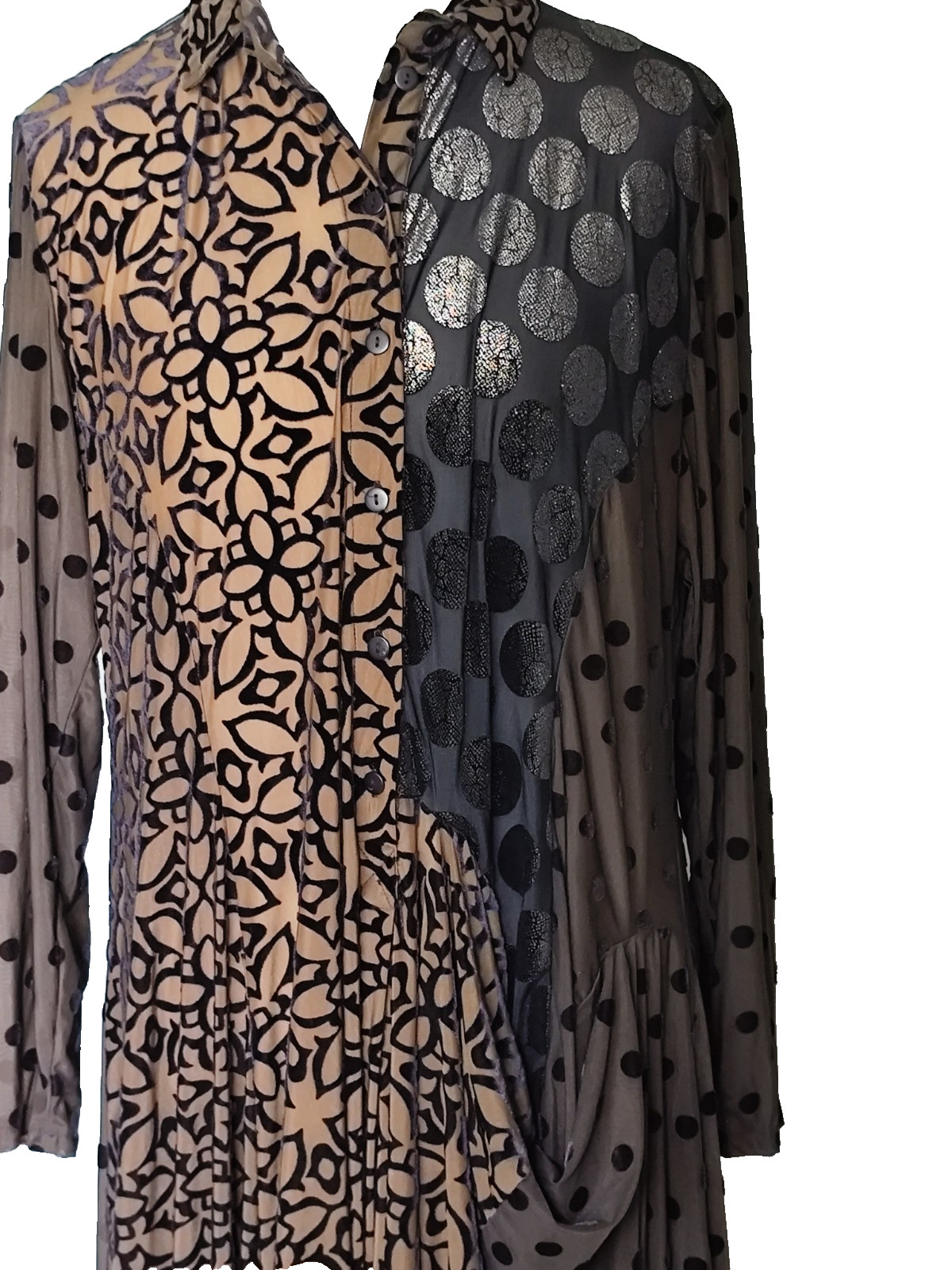Alembika Draped Cocoon Dress Mix Fabric/Pattern Long Sleeve Bubble Hem Womens XL