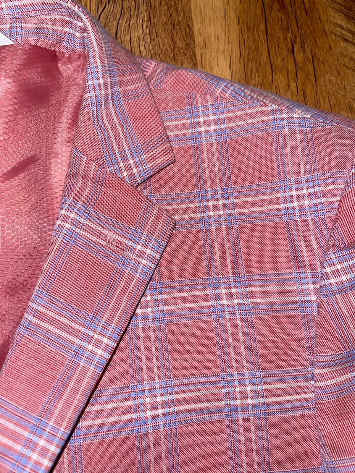 Men’s Lineage Pink Blue Plaid Polyester Blend Blazer Suit Sz 42S Pants 35×29