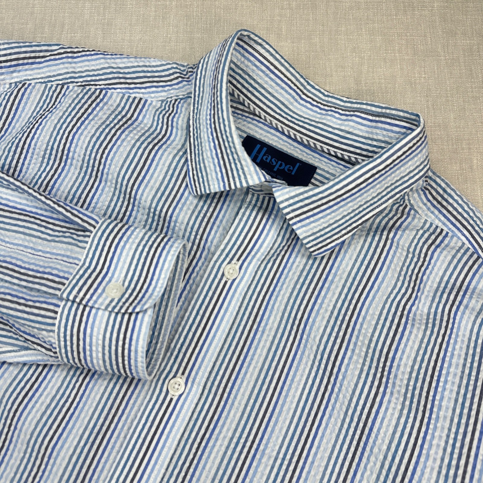 Haspel New Orleans 1909 Button Down Men XL Blue Striped Seersucker Long Sleeve