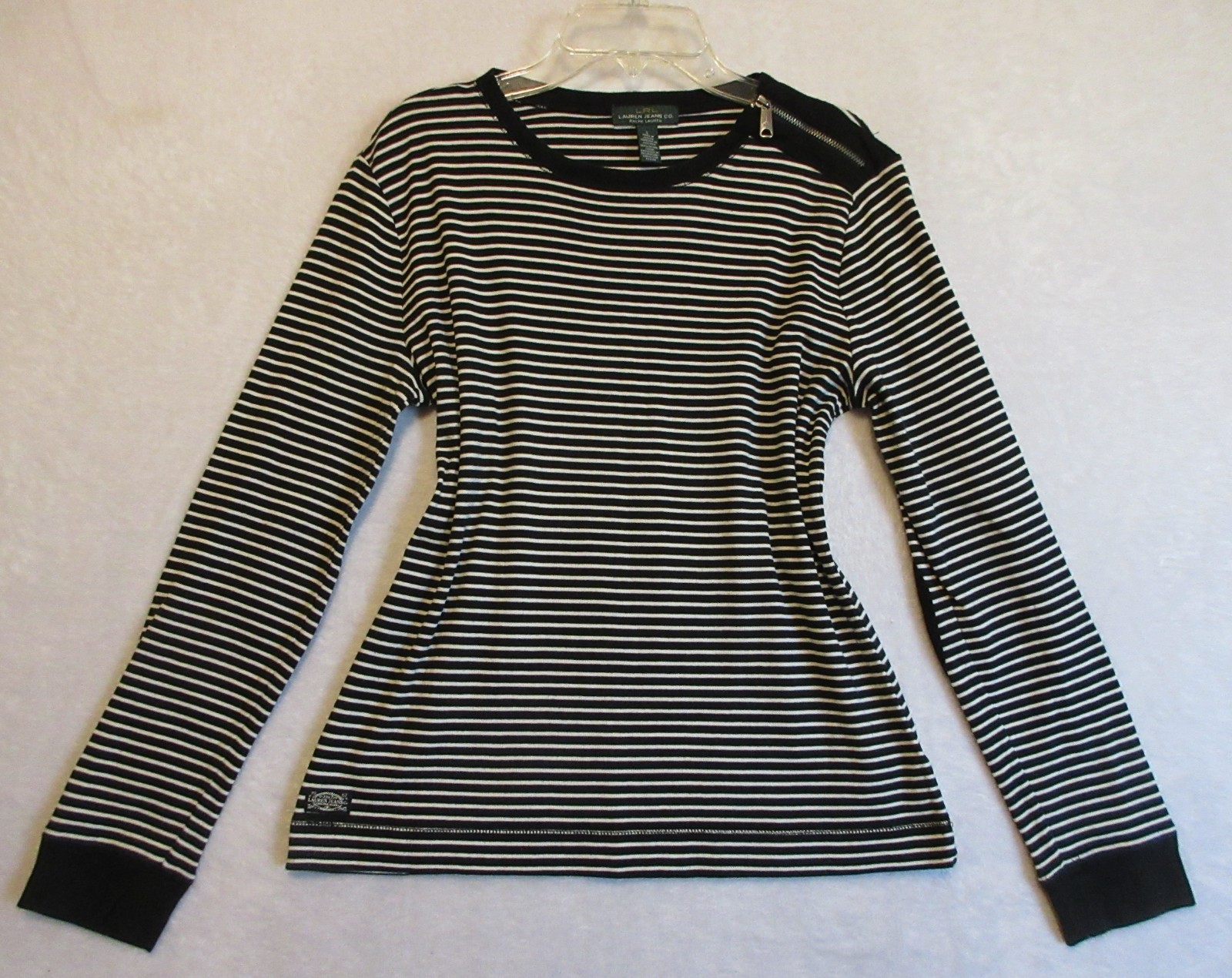 Lauren Ralph Lauren Women’s Shirt Size Large Black/White Stripe Elbow Pads Zip