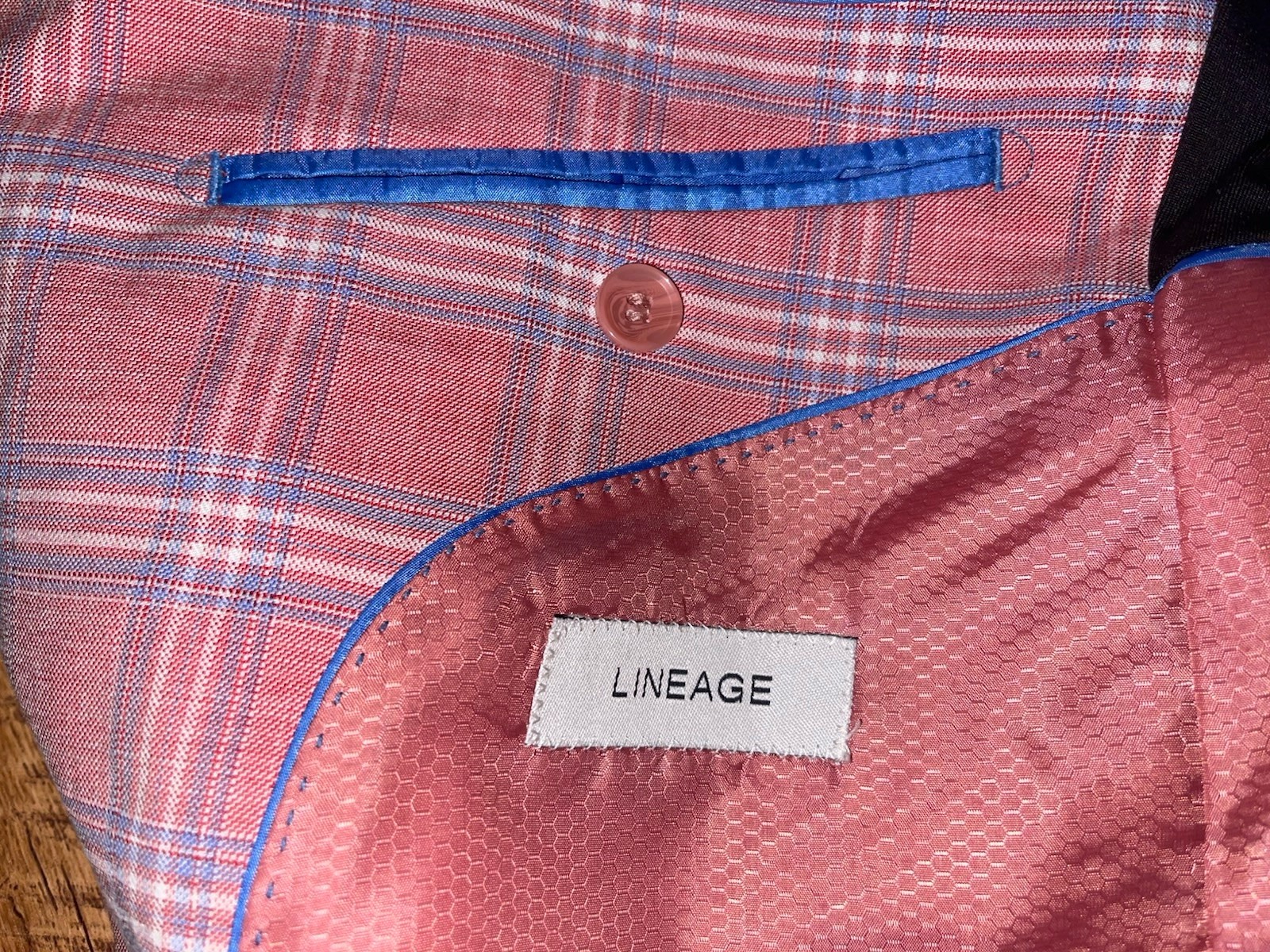 Men’s Lineage Pink Blue Plaid Polyester Blend Blazer Suit Sz 42S Pants 35×29