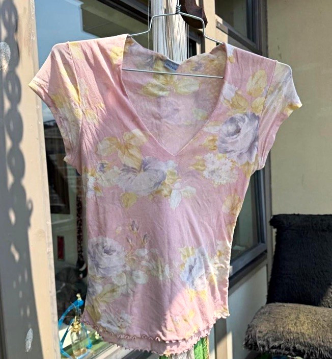 Women’s Pink Floral Mesh Sheer V-Neck Cap Sleeve Ruffle Tee, M/L