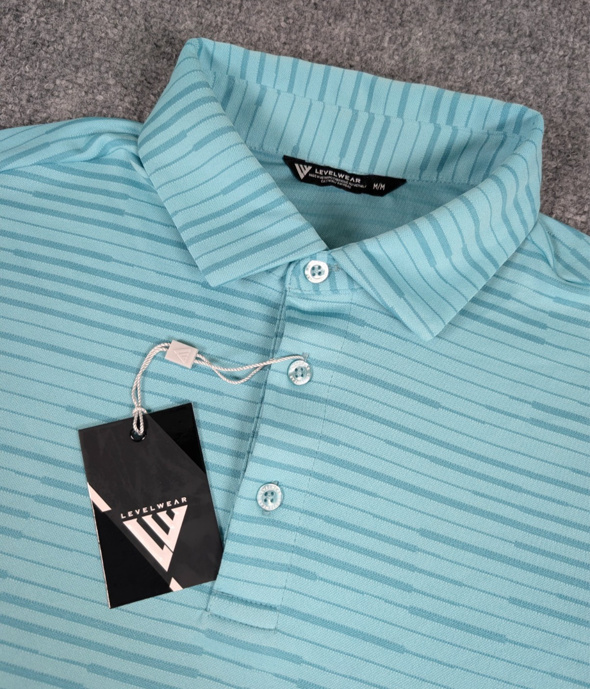 Levelwear Cruz Polo Shirt Mens Medium Marine Blue Striped Performance NWT