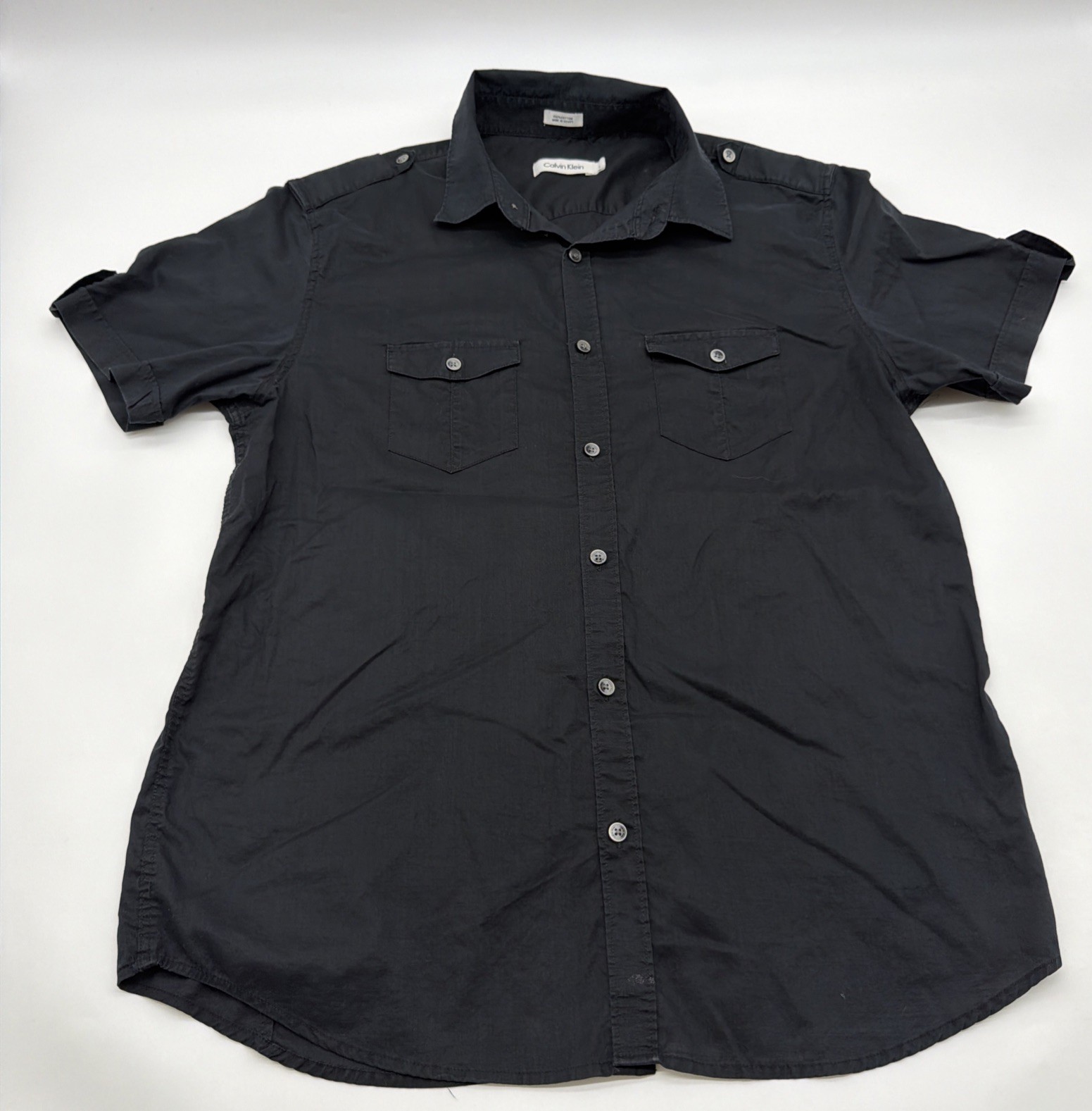 Calvin Klein Button Up Shirt Men L Black Pockets Logo 100% Cotton.#47918