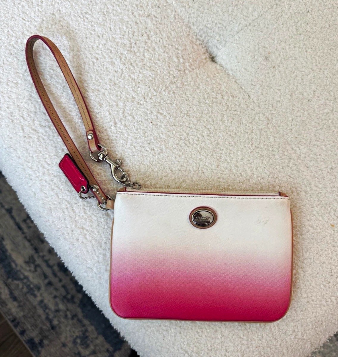 Coach Ombré White Pink Zip Wristlet Pouch w/ Wrist Strap, Silver Hardware
