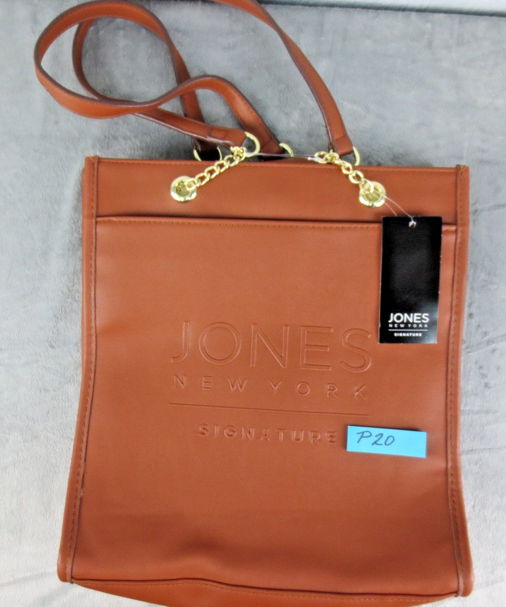 NWT JONES NEW YORK Abby Double Handle Gold Tan Brown Purse 13x12x3” Faux Leather