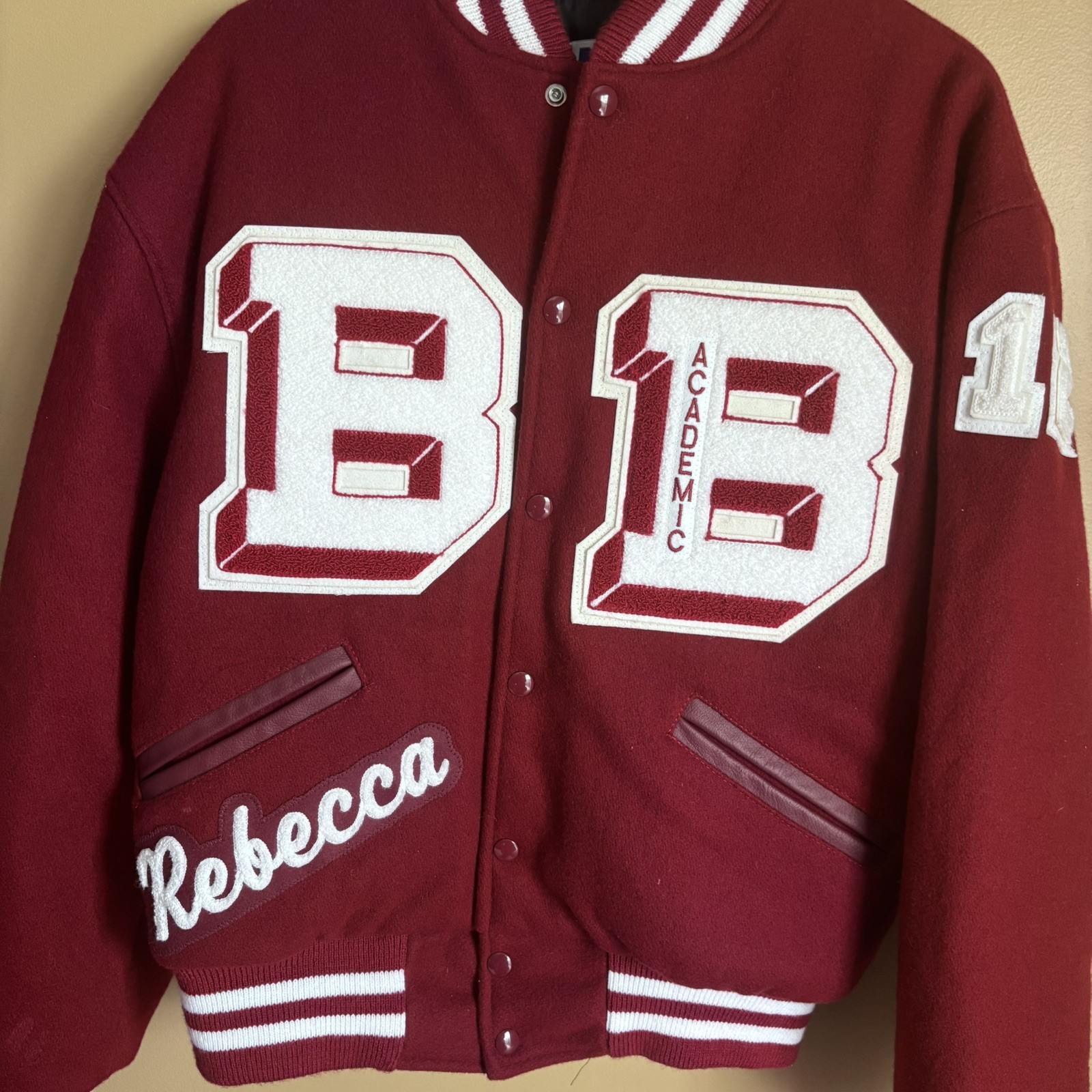 Vintage Varsity Letterman Jacket Red White Wool Leather Size Medium 80s 90s