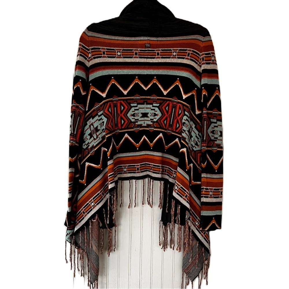 Billabong Southwestern Open Front Patterned Cardigan Fringed Hem Boho Azteck M