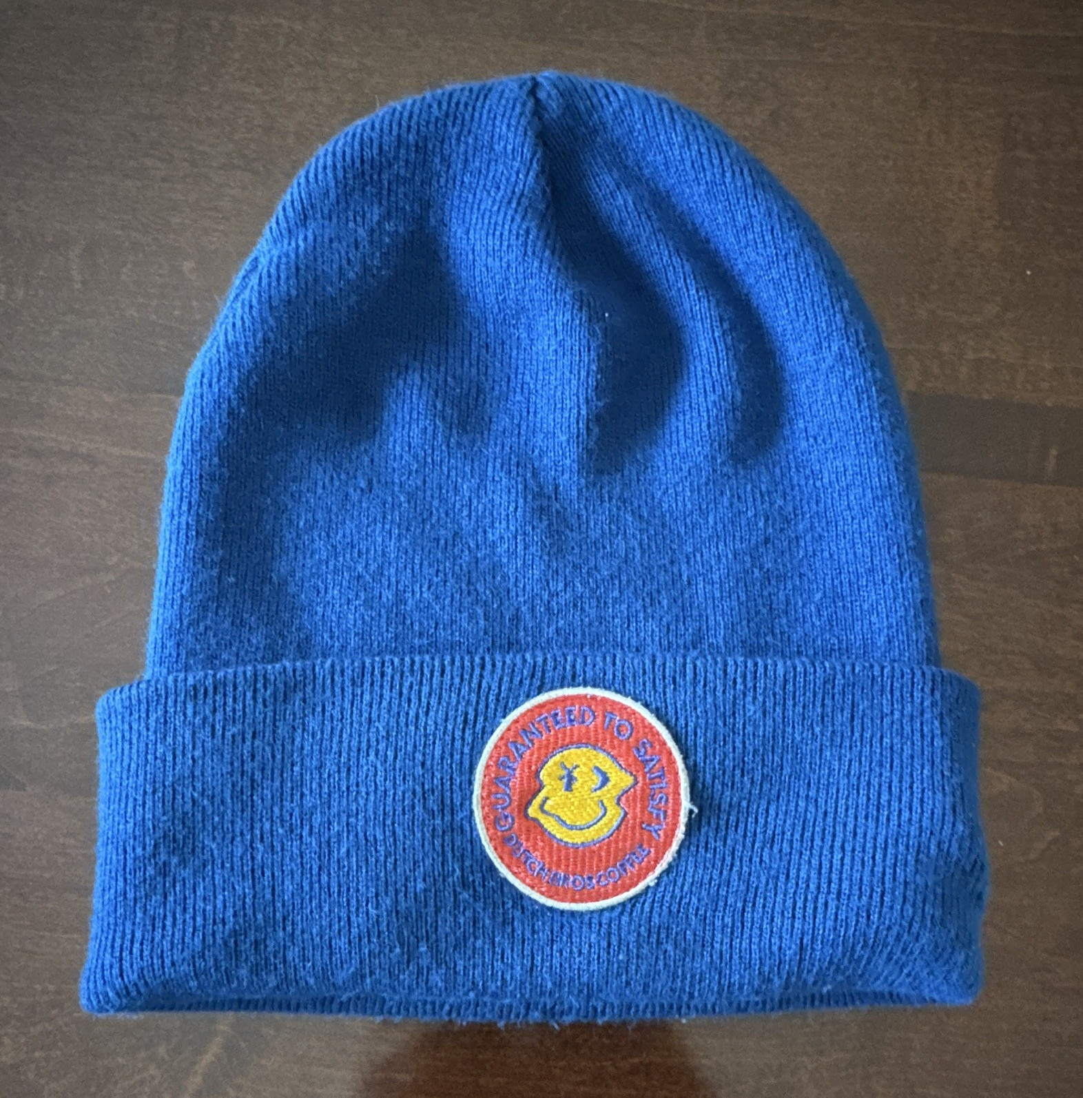 Blue Solid Beanie Hat Unisex Adults One Size Round Patch Logo