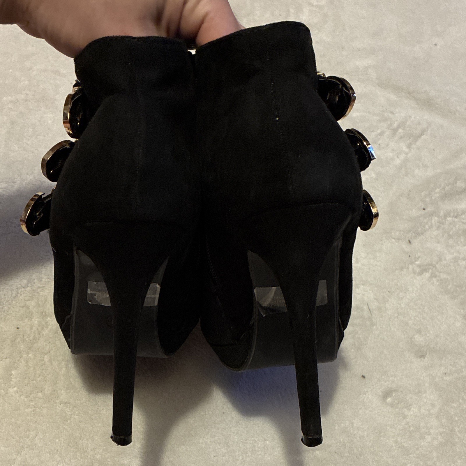 Forever Black Ankle Bootie Faux Suede Stiletto Almond Toe Side Zip Buckle