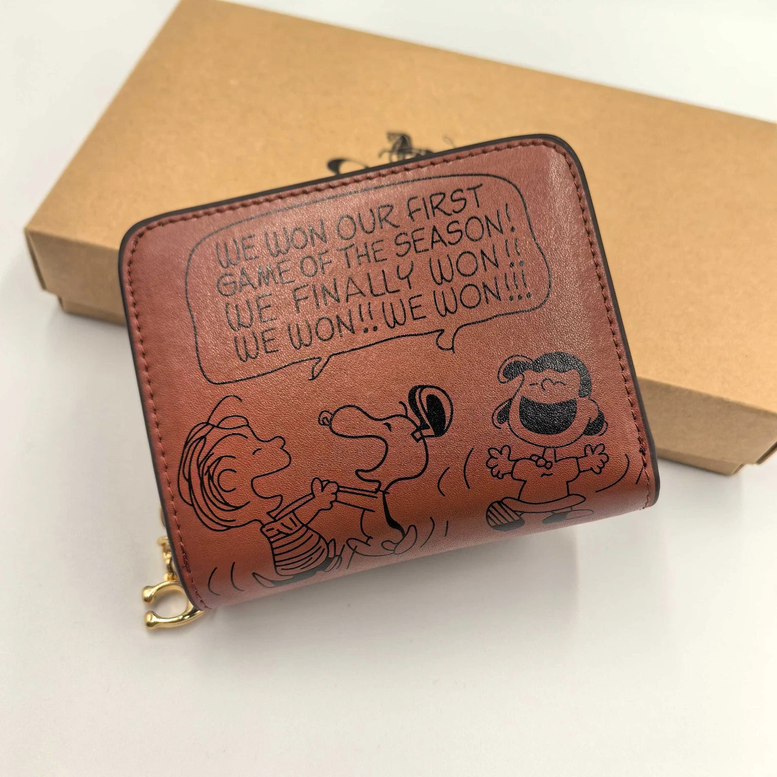 Coach x Snoopy Print Cartoon Pattern Medium Zip Wallet Brown CBG43