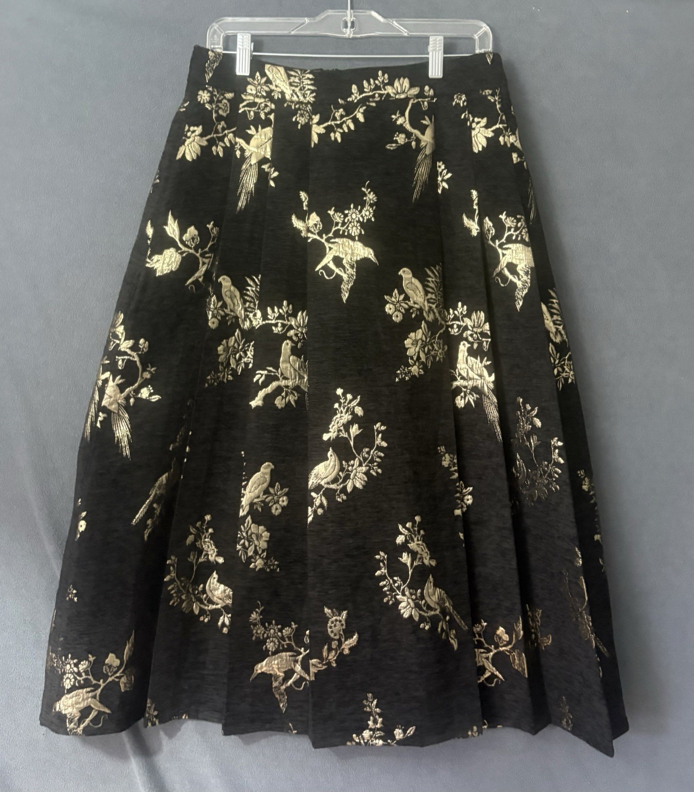 HUXINYI Black Gold Metallic Jacquard Brocade XL Skirt Birds Floral Chinoiserie