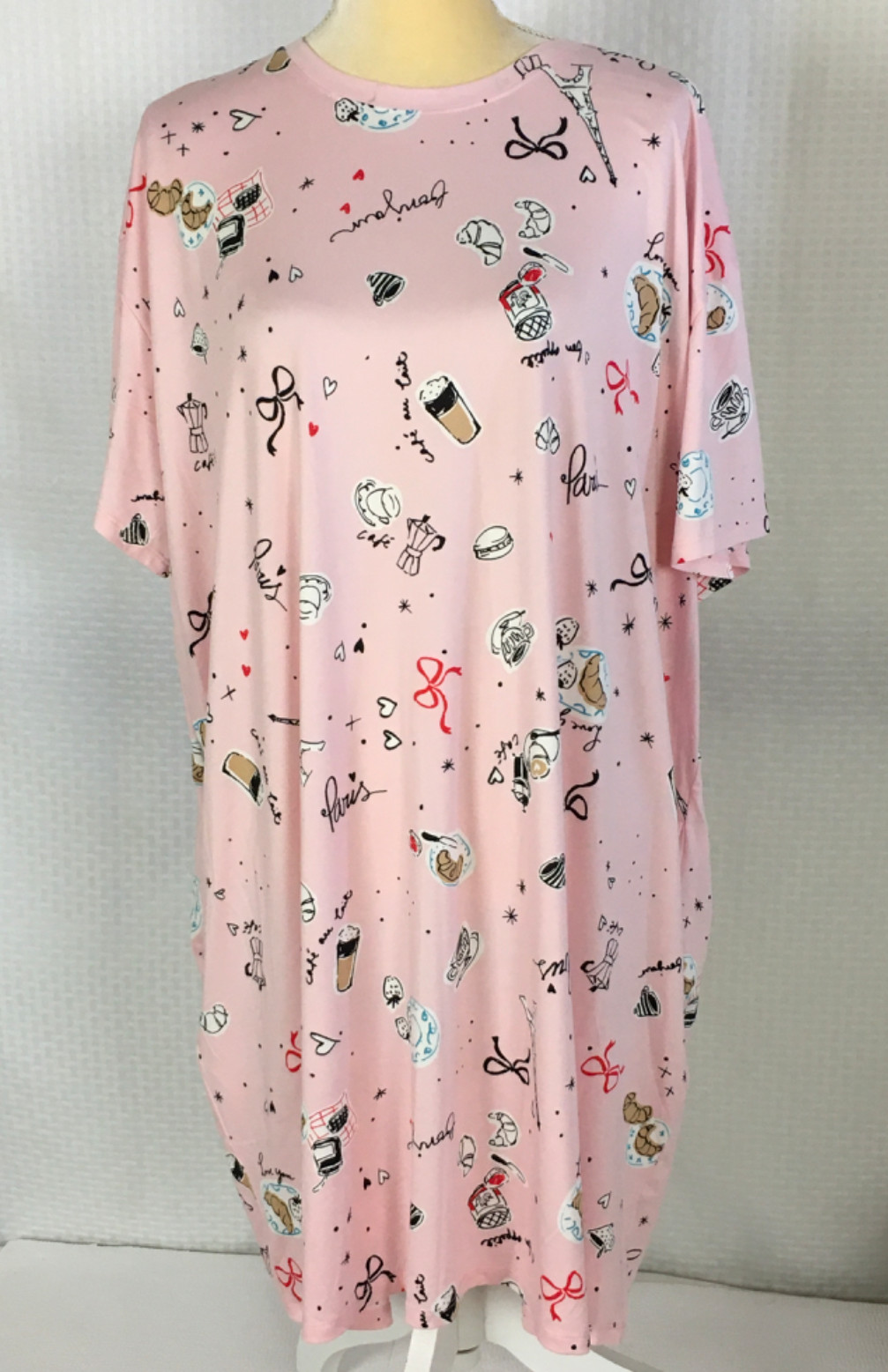Joyspun Sleep Shirt Size 2X to 3X Pink Paris Coffee Croissants Pockets New w Tag