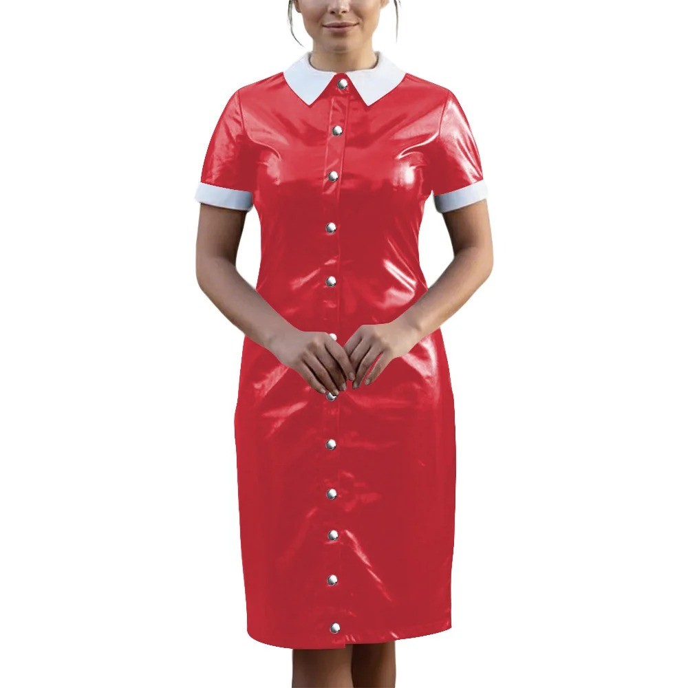 Vintage Wetlook PVC Leather Party Uniform Club Vestidos Bodycon Midi Dress