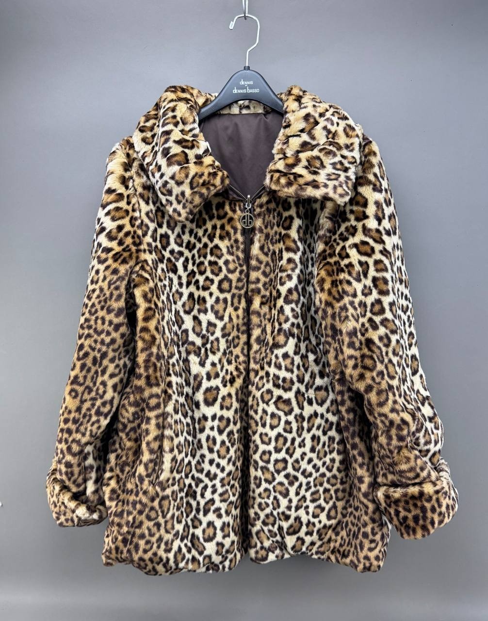 Dennis by Dennis Basso Womens Brown Leopard Print Double Sided Faux Fur Coat M