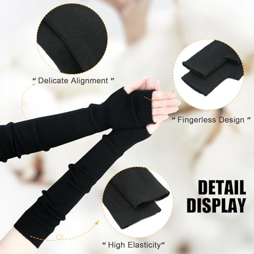 Winter Fingerless Long Gloves for Women Cashmere Blended 50cm/19.7in Black