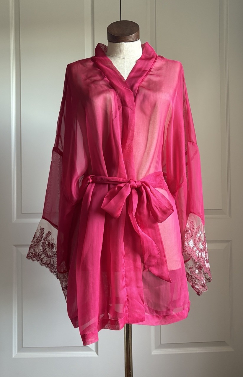 Red Sheer Kimono, Lace Trimmed Style Ladies Robe Size P/S By Secrets In Lace