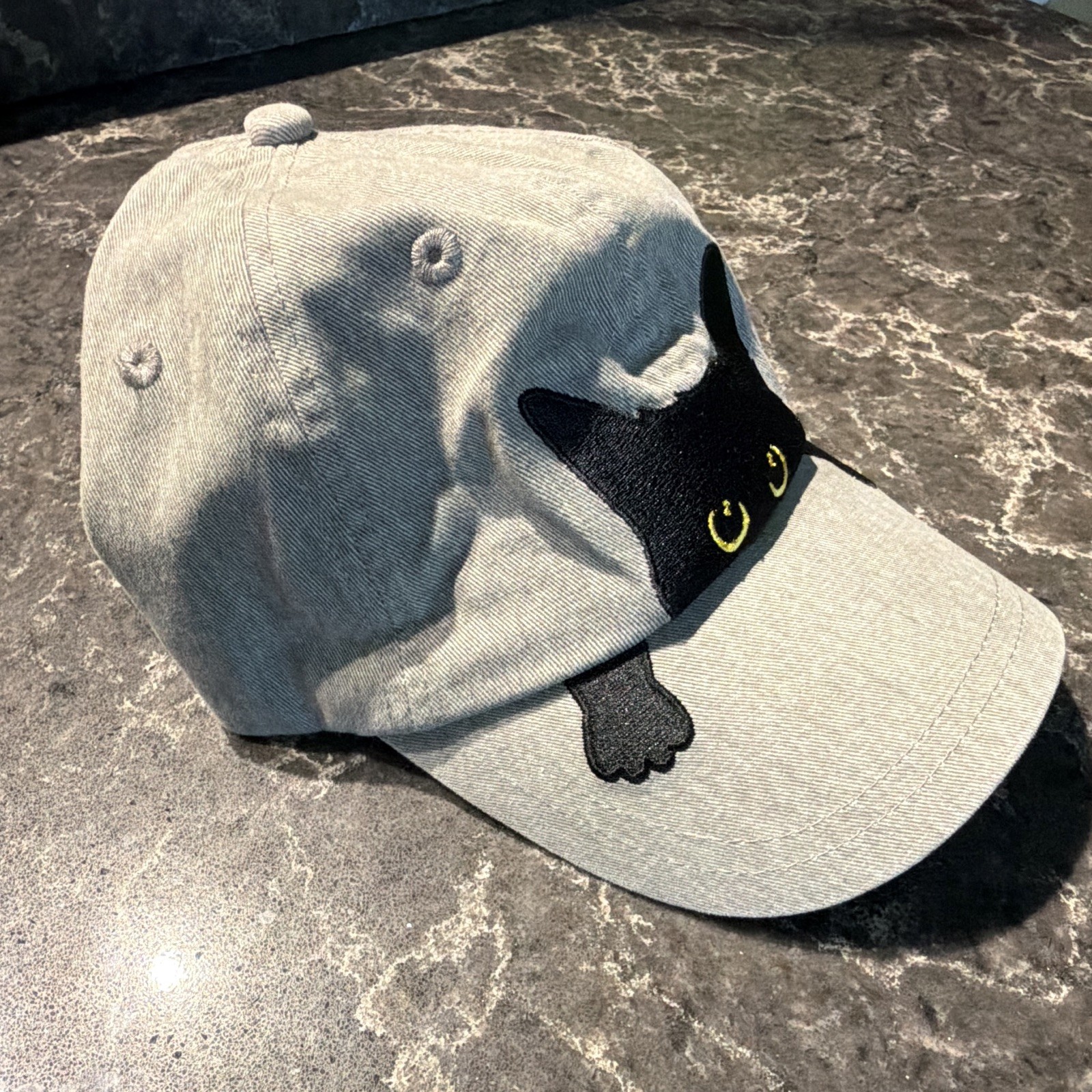 Gray/Black Baseball Cap Black Cat Embroidered Patch Unisex One Size Adjustable