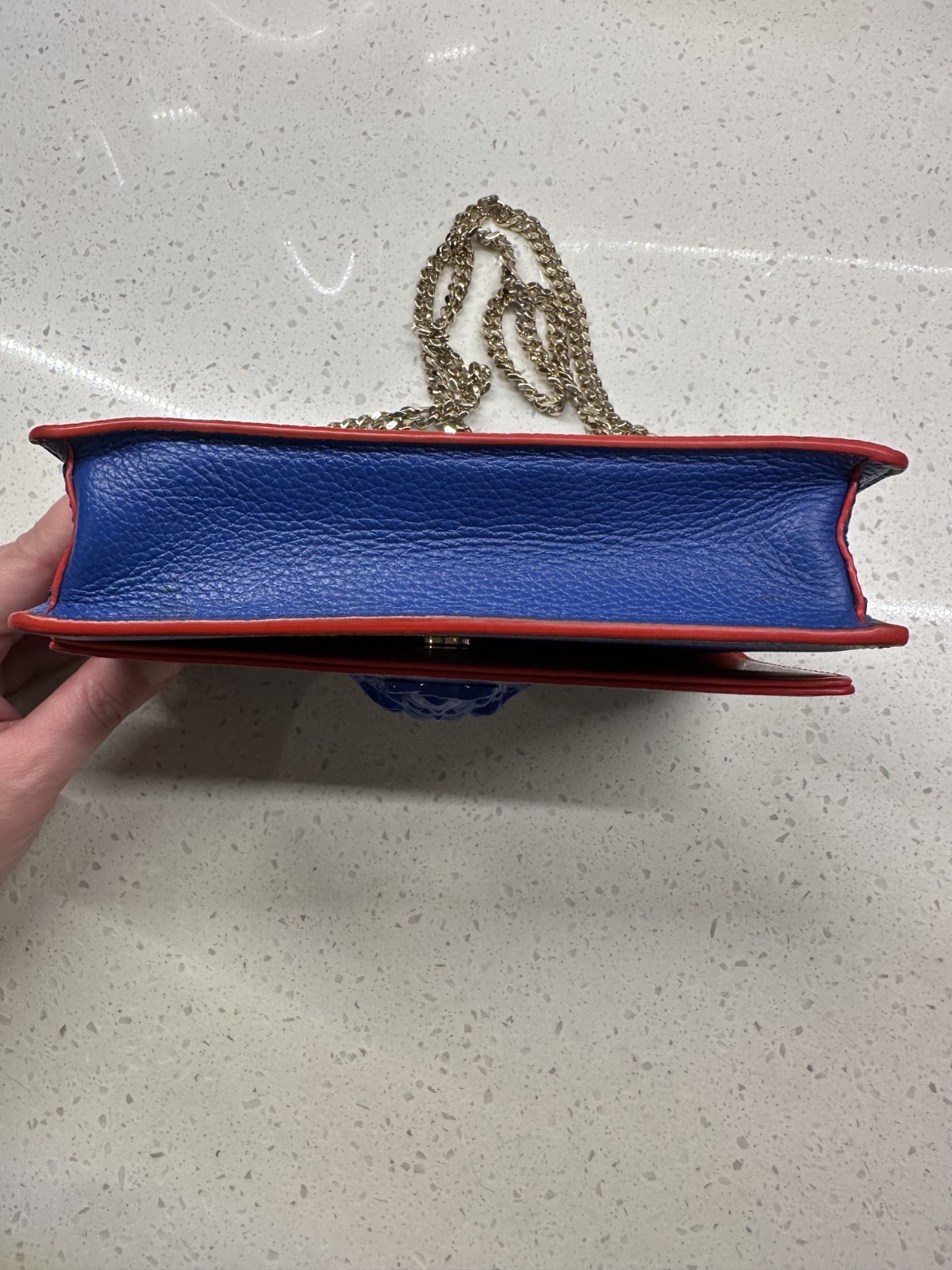 Versace Medusa Blue Crossbody Bag Gold Chain Strap Magnetic Closure Pockets