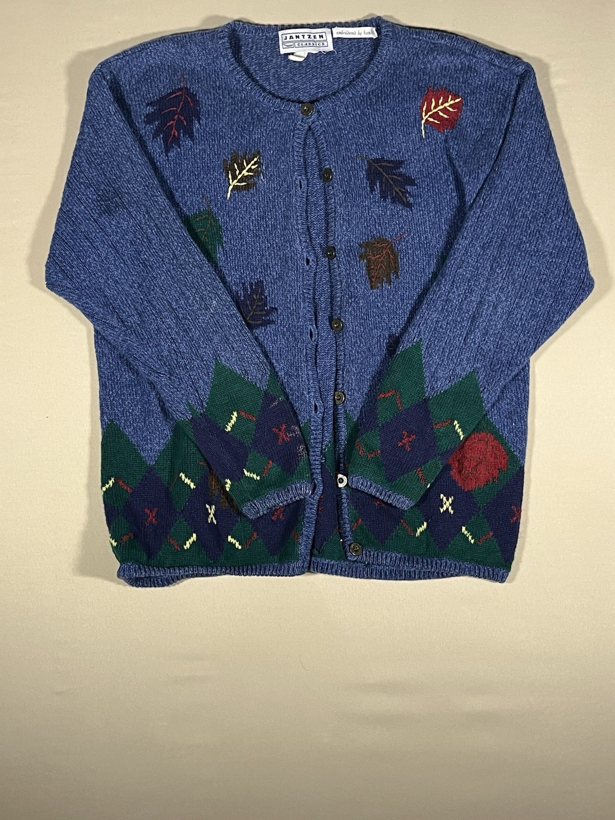 Jantzen Blue Wool Knit Button-Front Cardigan Sweater Embroidered Leaf L
