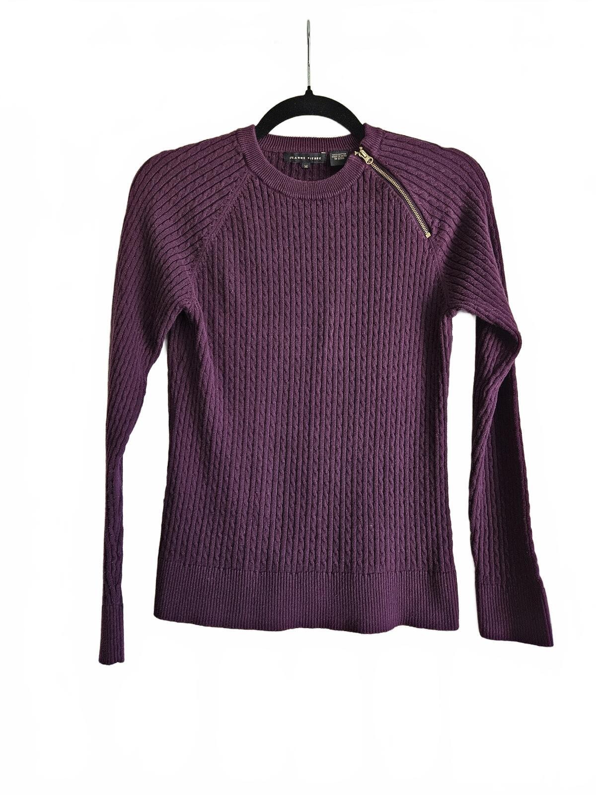 Jeanne Pierre Purple Cable Knit Cotton Sweater with Shoulder Zipper, Medium