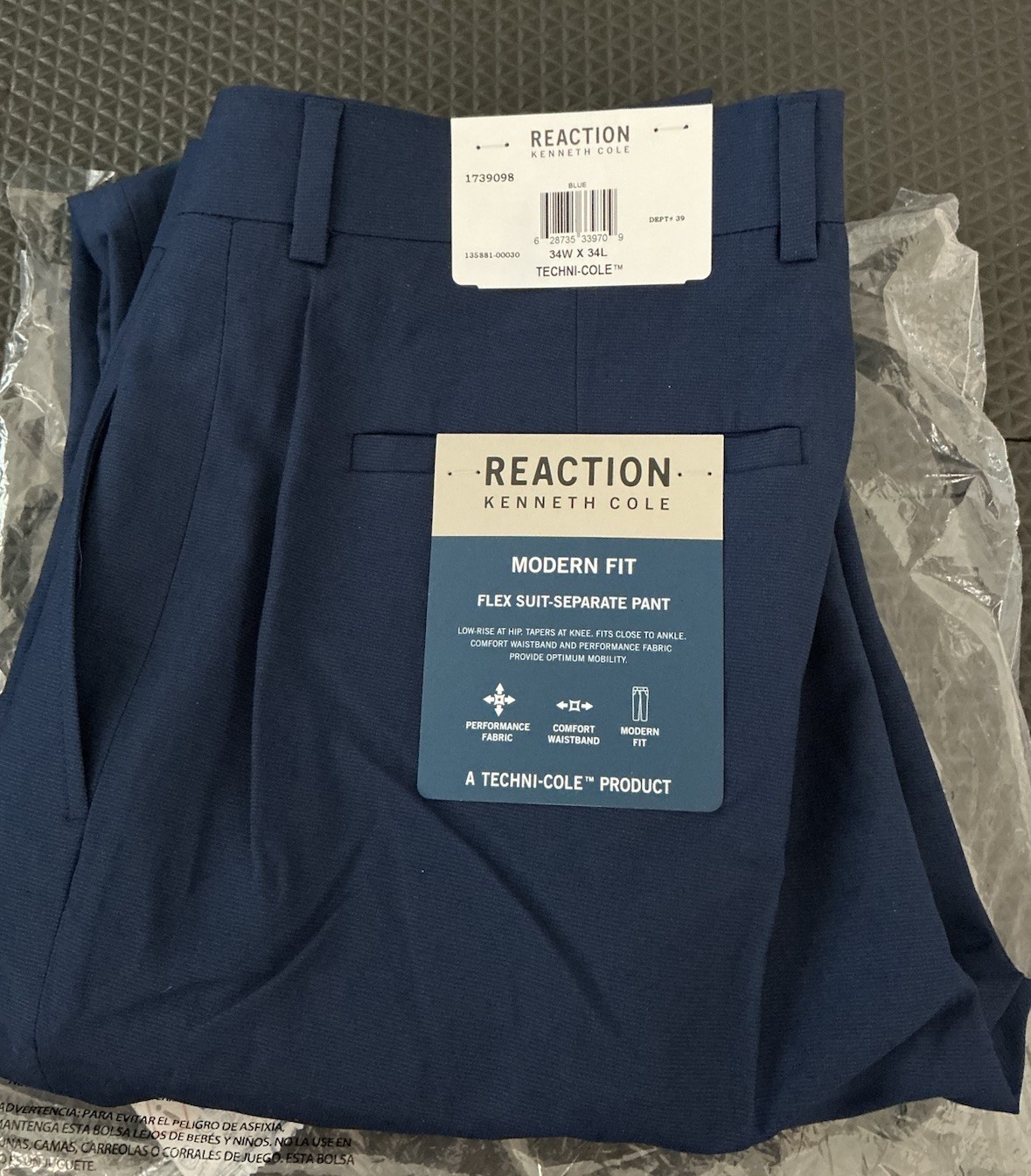 Reaction Kenneth Cole Men’s Blue Dress Pants Modern Fit 34X34