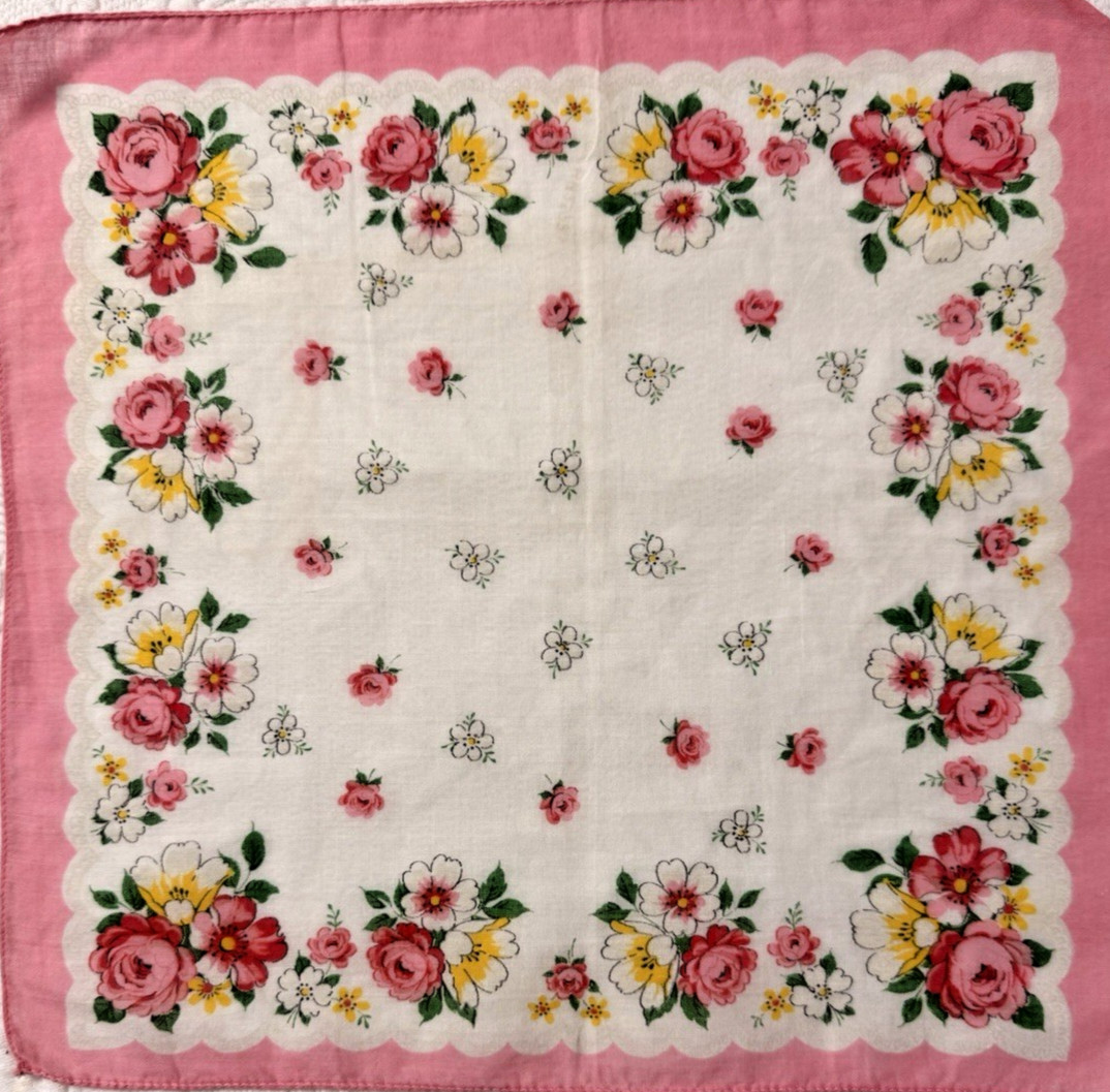 OH SO PRETTY PINK Vintage Floral Hankie Handkerchief with sweet design